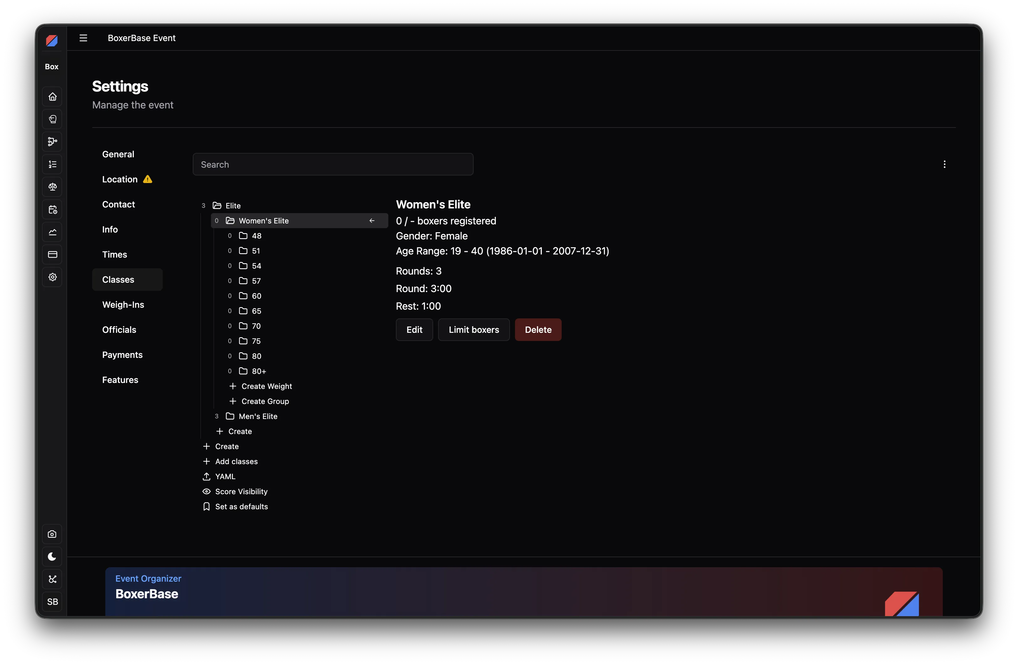Classes settings page