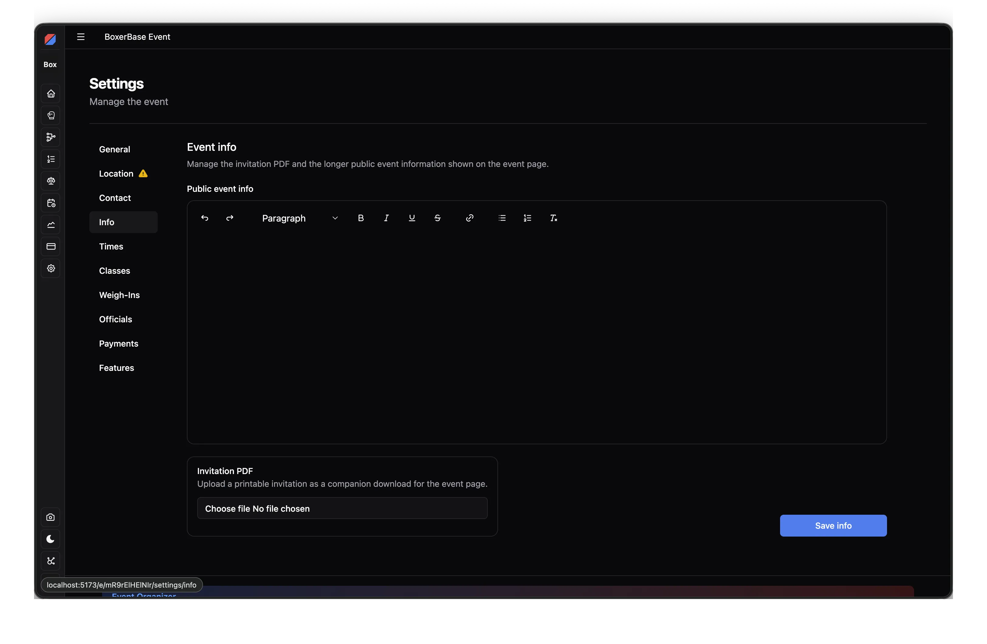 Event info settings page