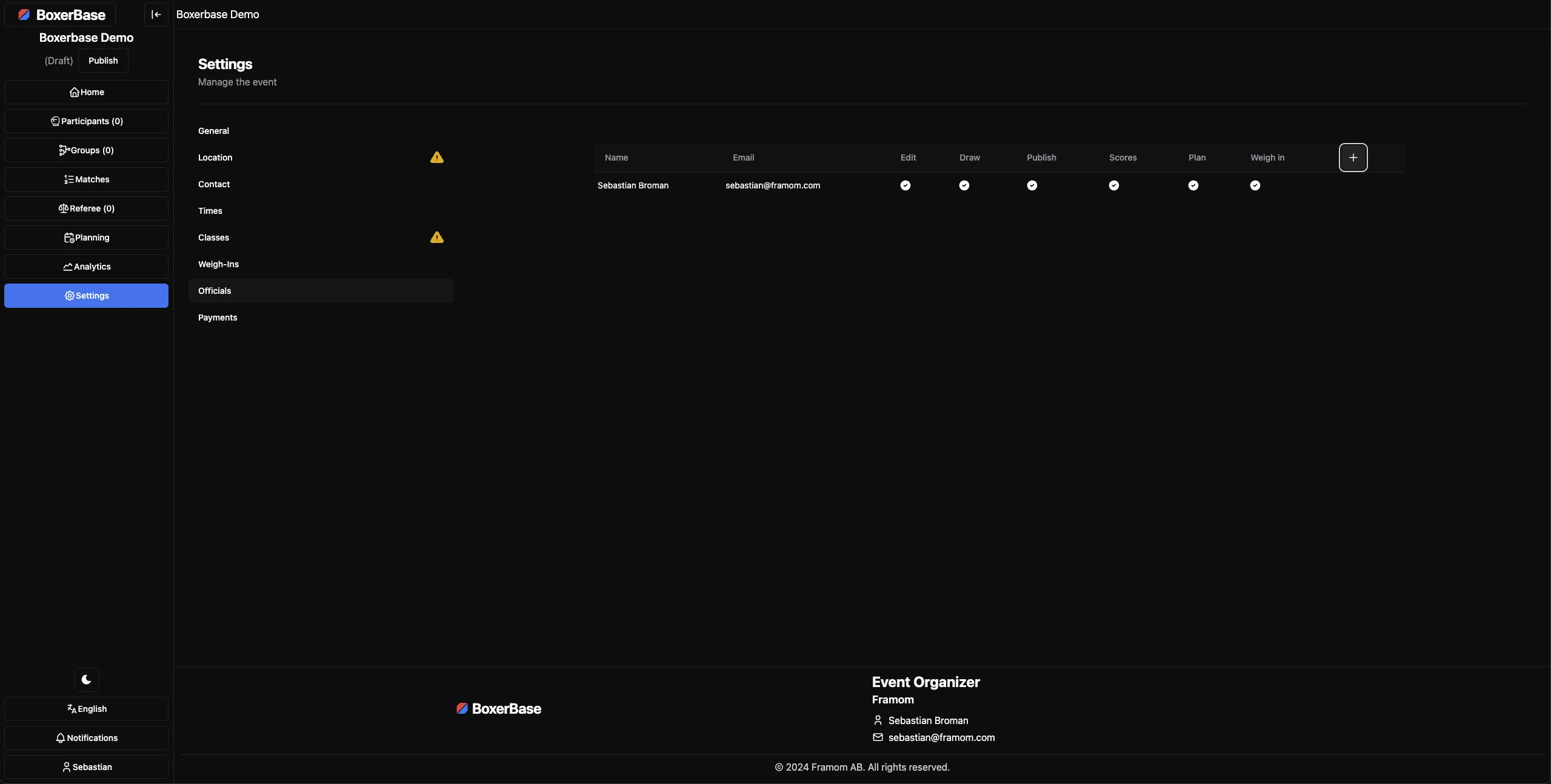Invite officials page