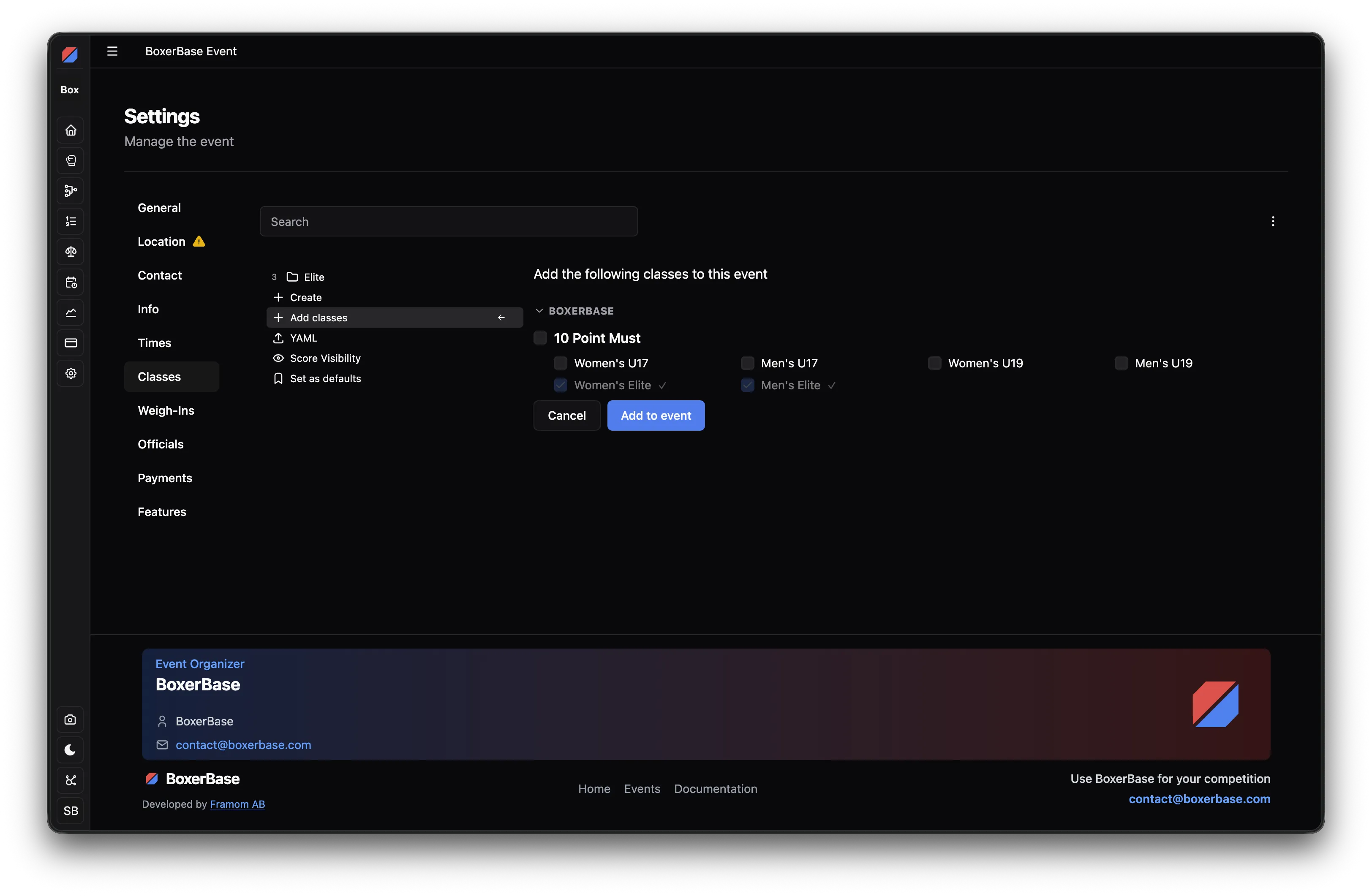 Classes settings page