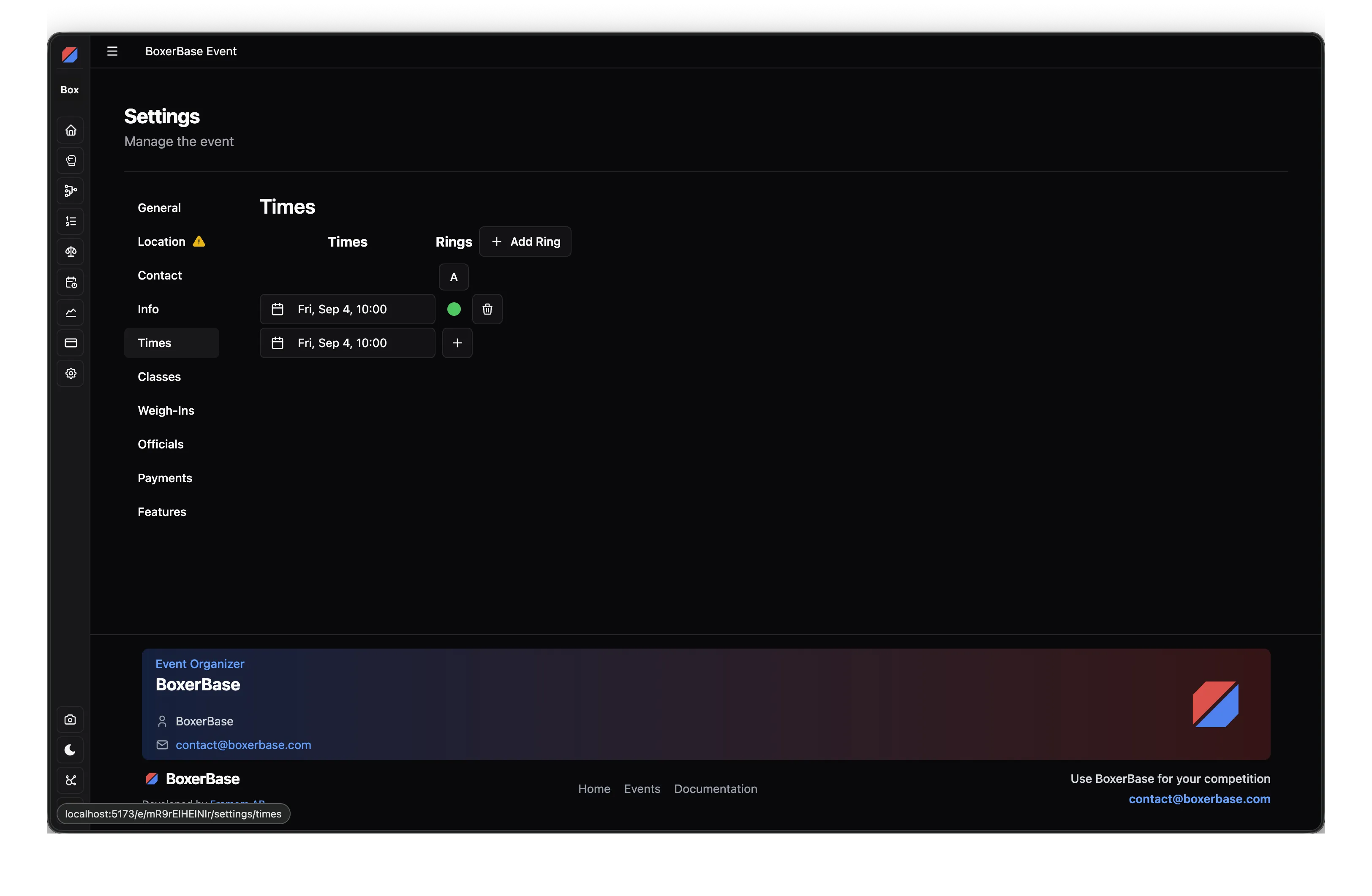 Times settings page