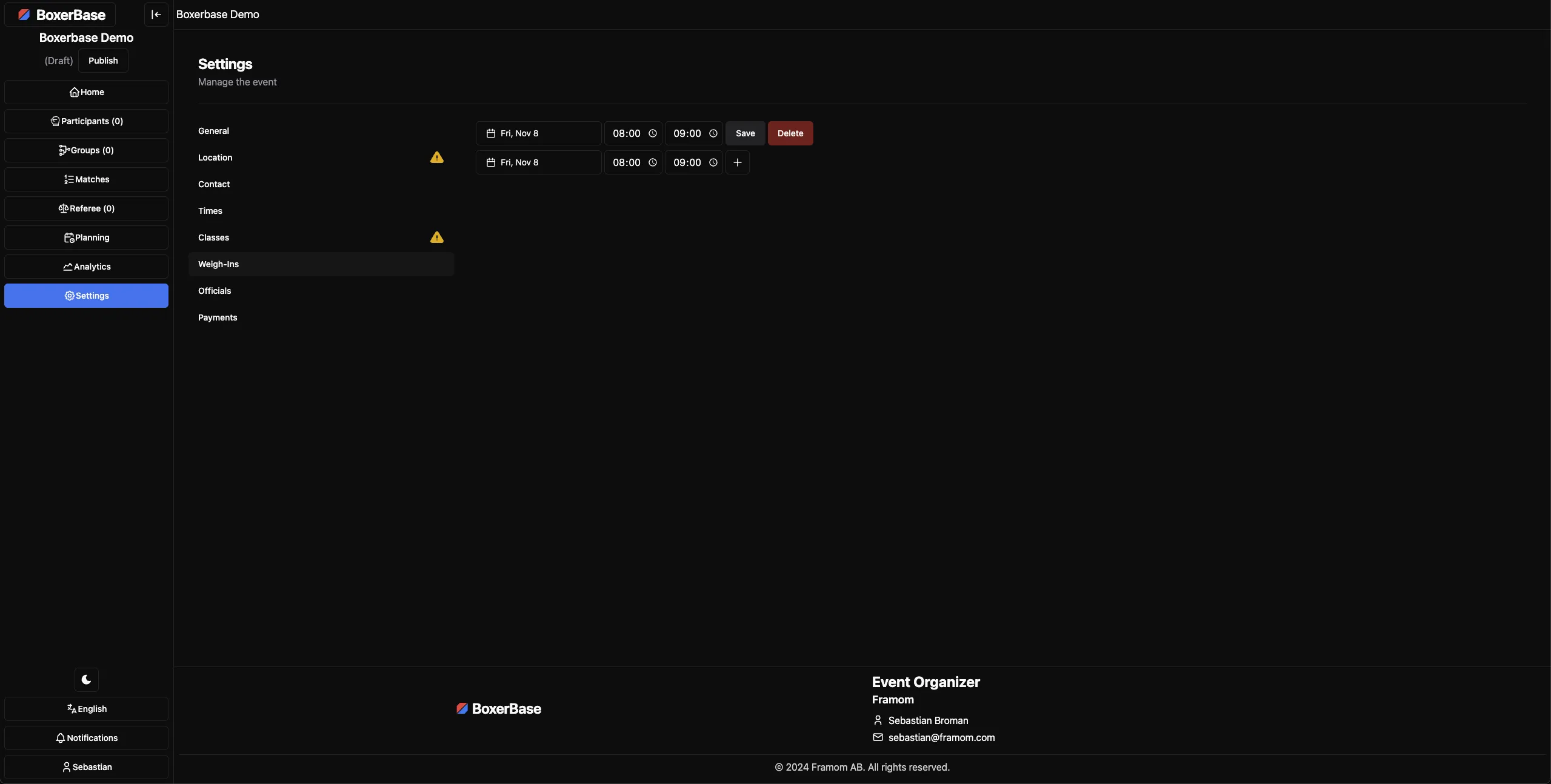 Weigh-ins settings page