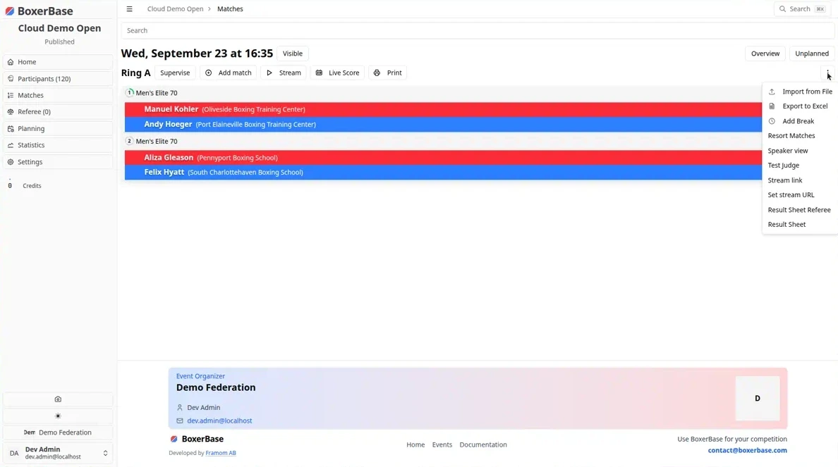 Matchlist menu with Stream link and Set stream URL